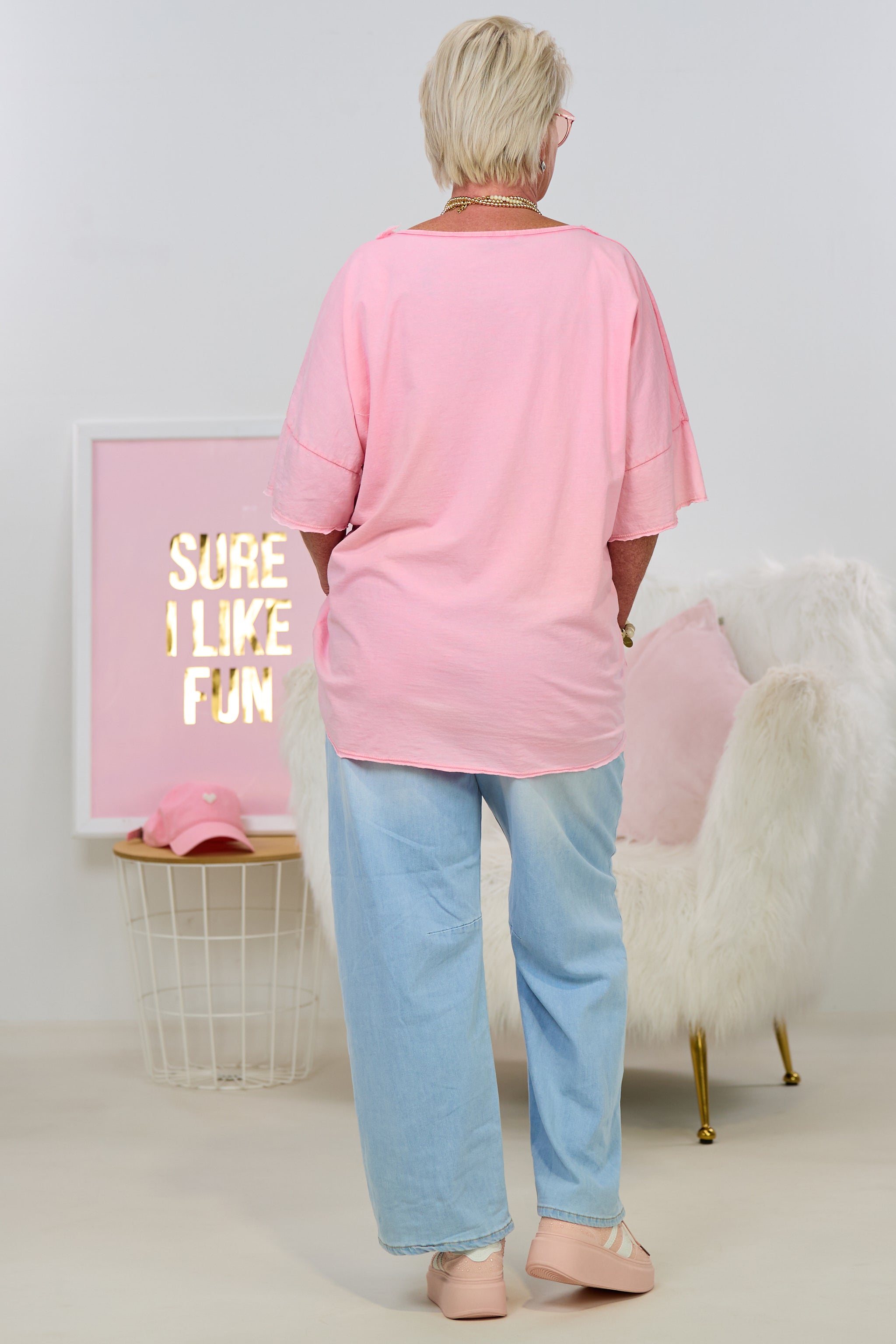 oversized T-Shirt mit ausgefranstem V-Ausschnitt, rosa
