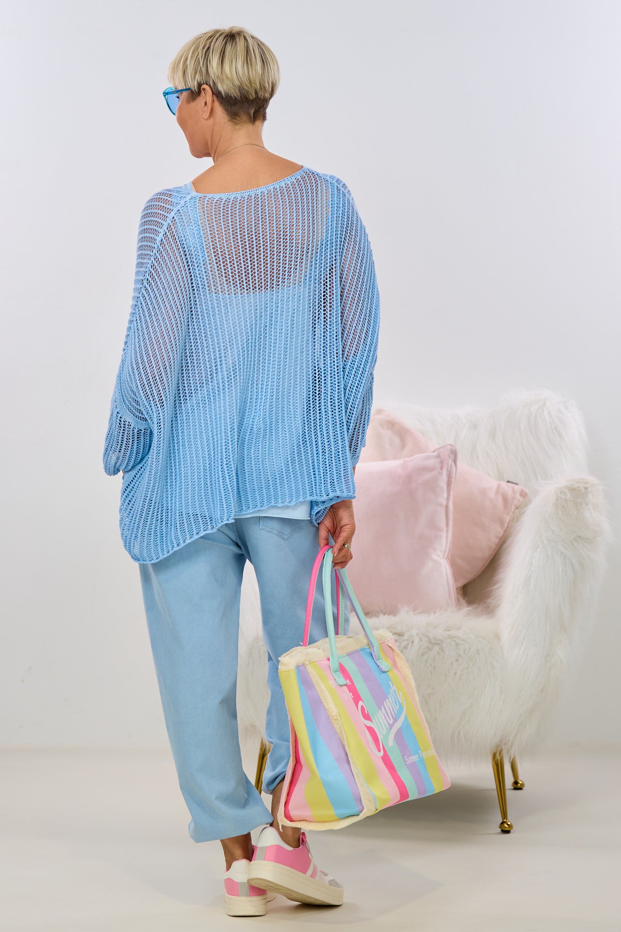 Strickpulli mit LOS ANGELES Flock, blau-candy rosa