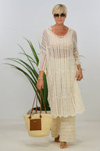Langes Kleid in Häkeloptik, beige