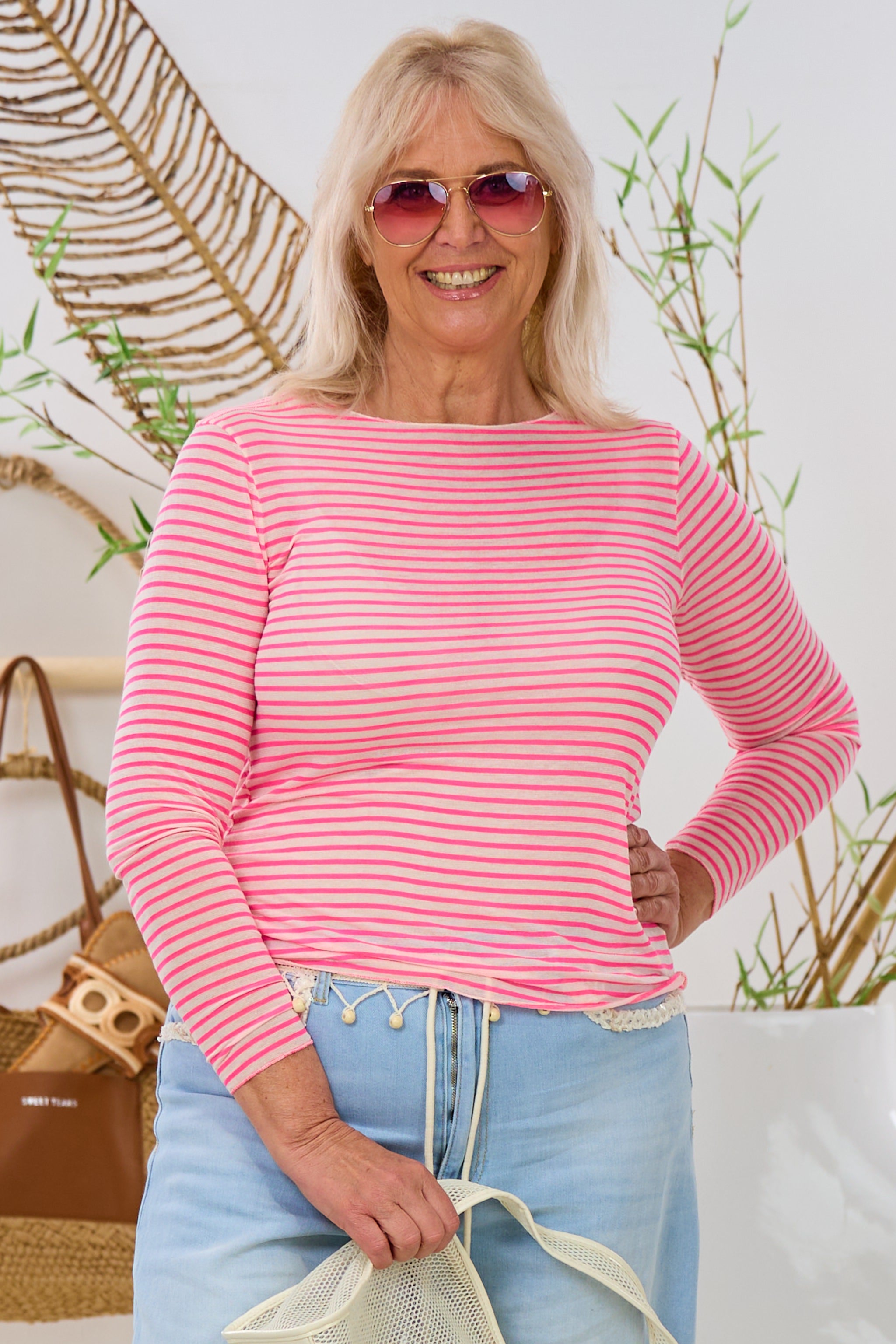 transparentes Longsleeve, neonpink-ecru-geringelt