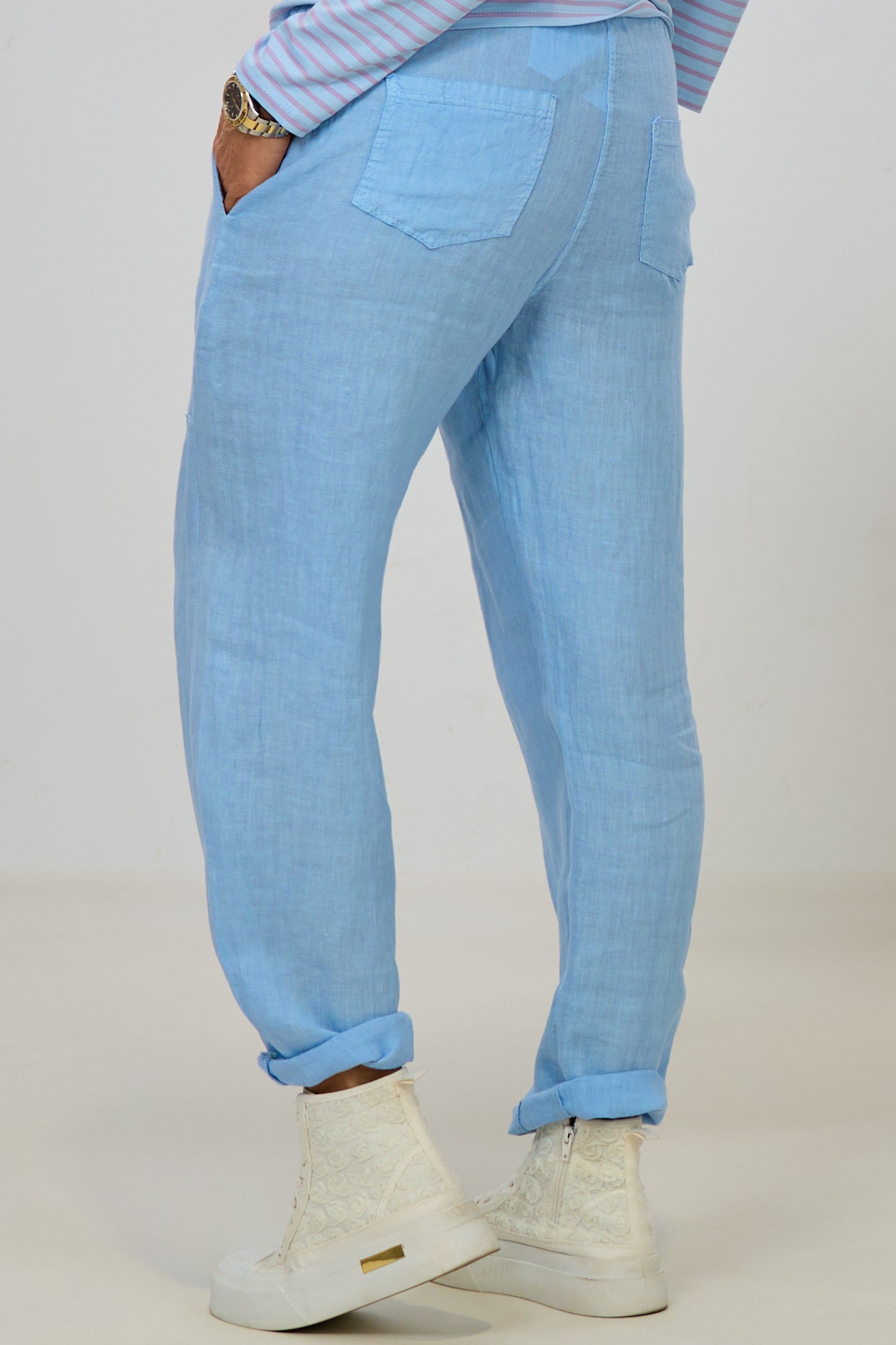 Leinenhose mit Ziernähten, blau