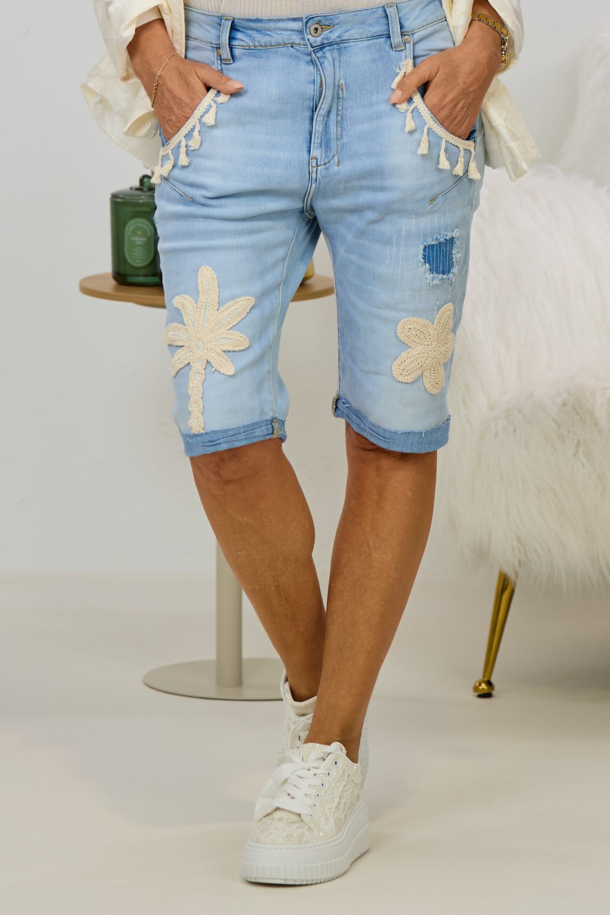 Boho Jeans-Shorts mit Details, hell denim