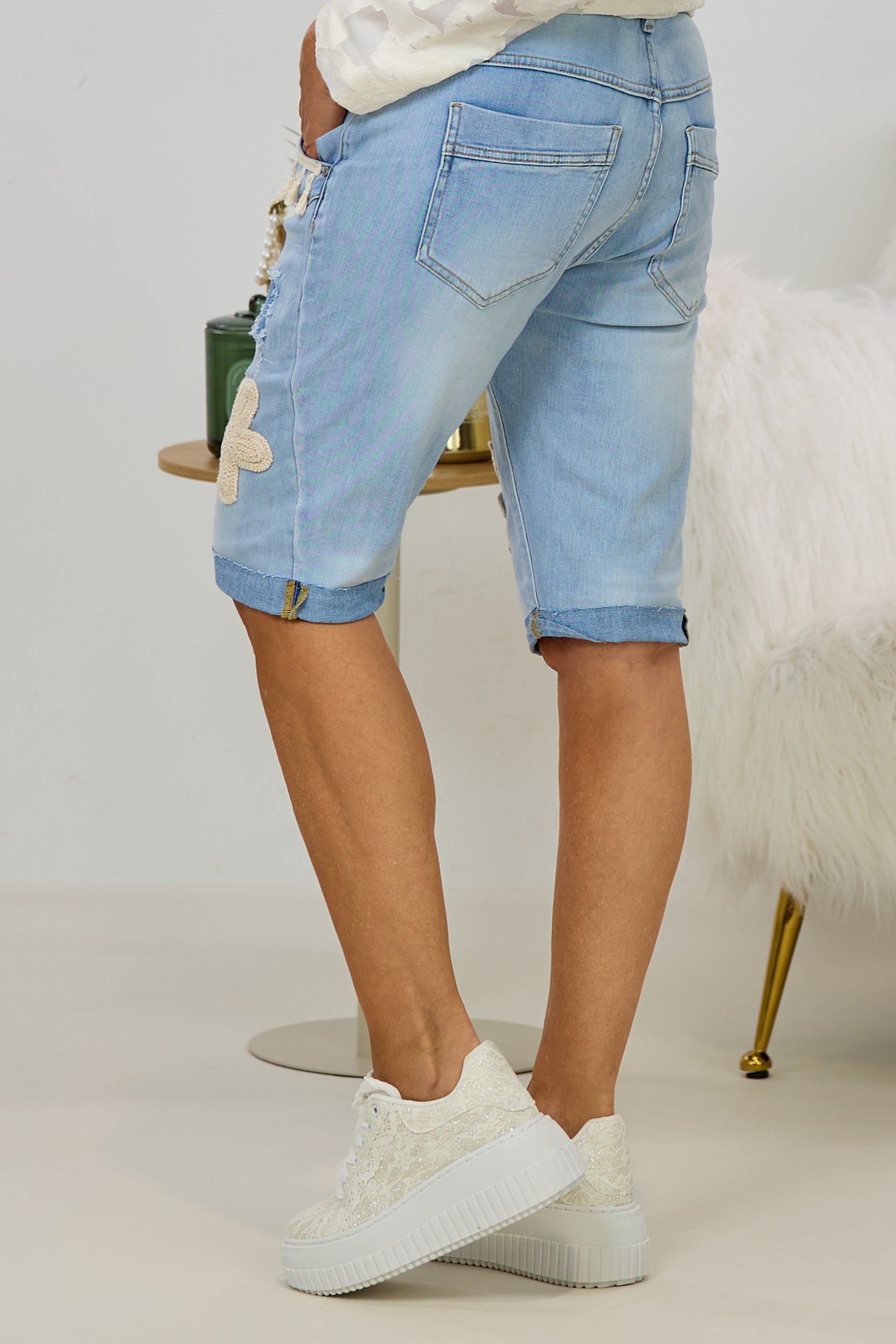 Boho Jeans-Shorts mit Details, hell denim
