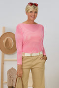 transparentes Longsleeve, neonpink-ecru-geringelt