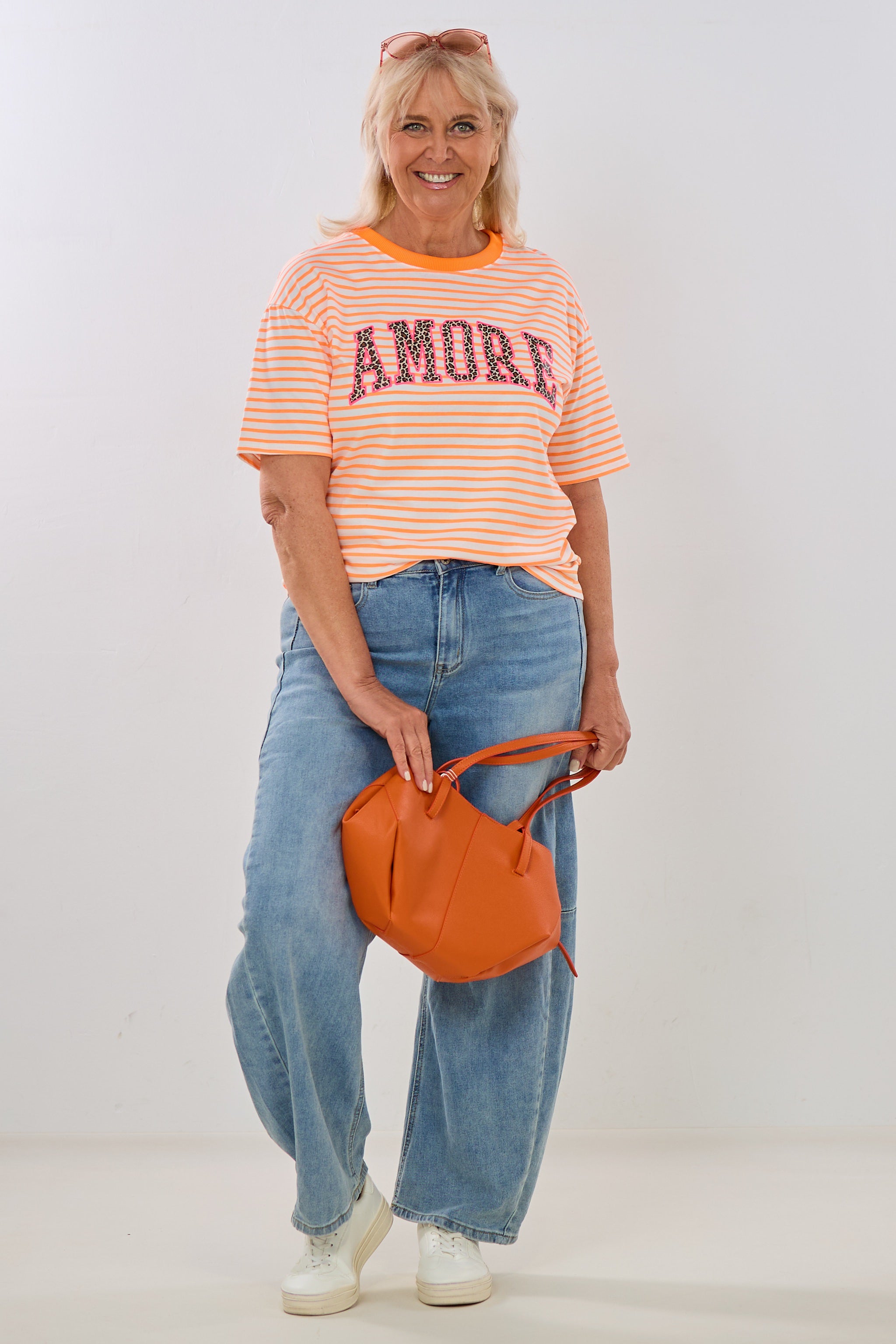 Ringel-Shirt mit süßem AMORE-Druck, orange-leo-pink
