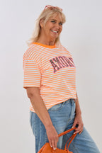 Ringel-Shirt mit süßem AMORE-Druck, orange-leo-pink