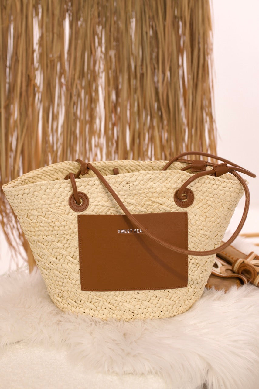 Modische Bast-Tasche, creme-braun