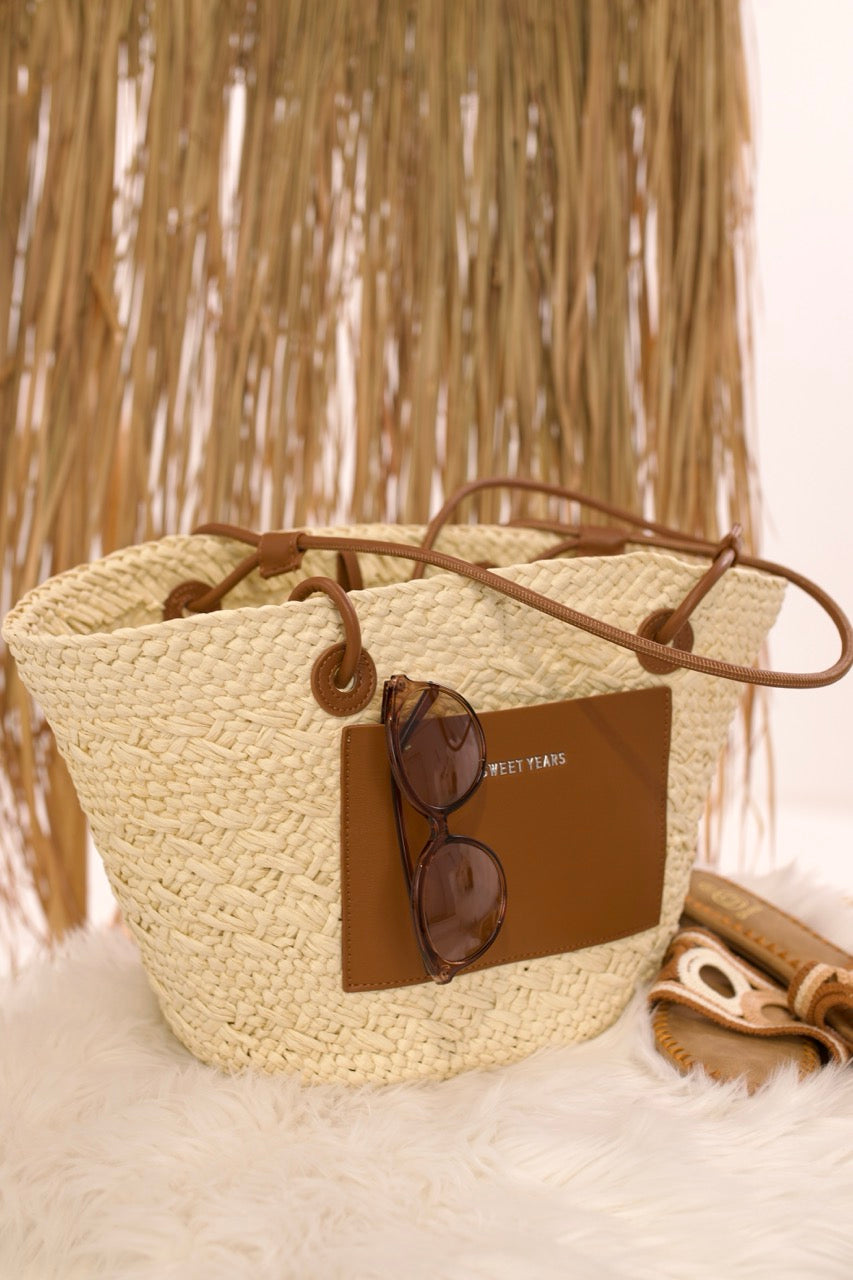 Modische Bast-Tasche, creme-braun