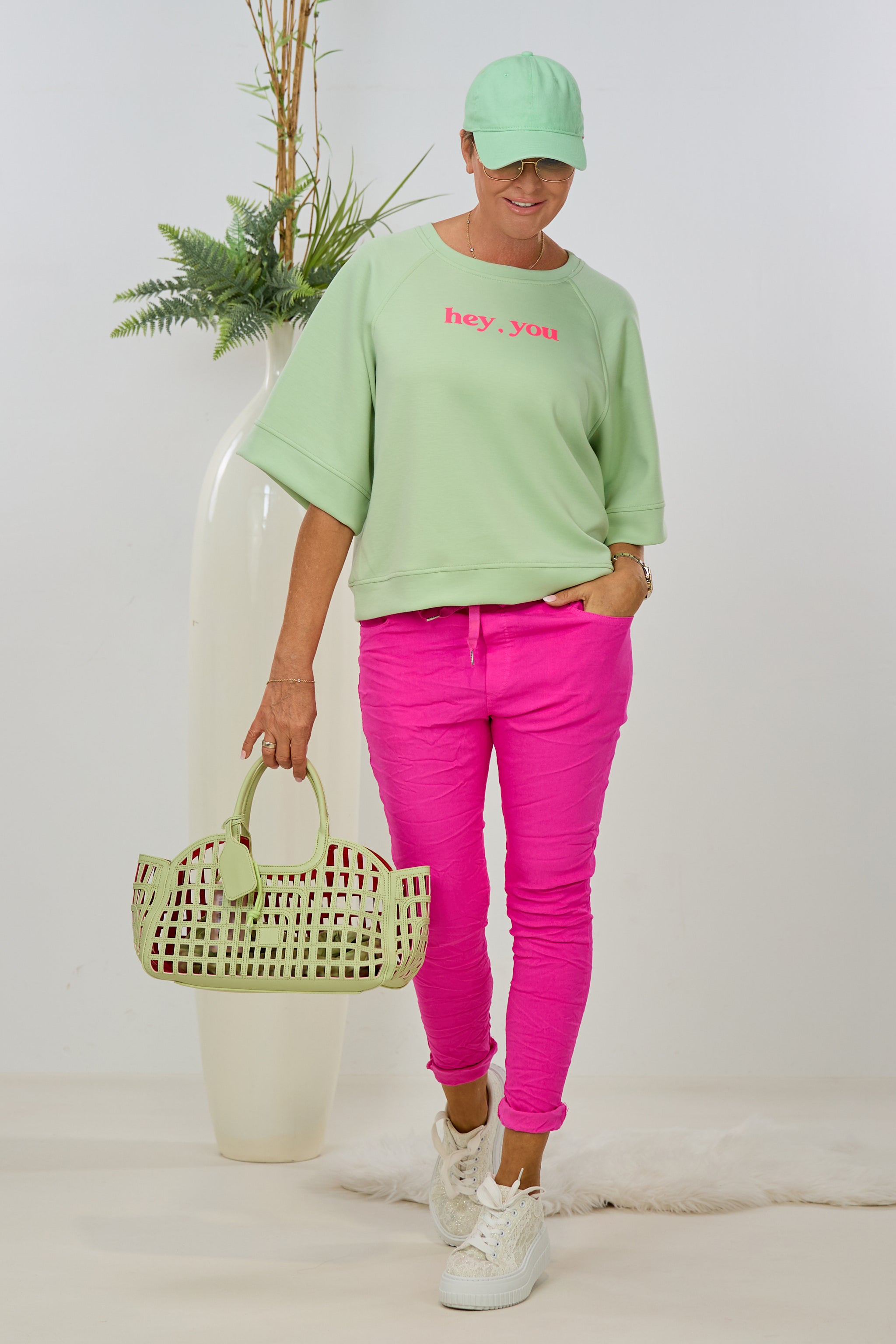 Hose mit elastischem Bund im Knitterlook, pink