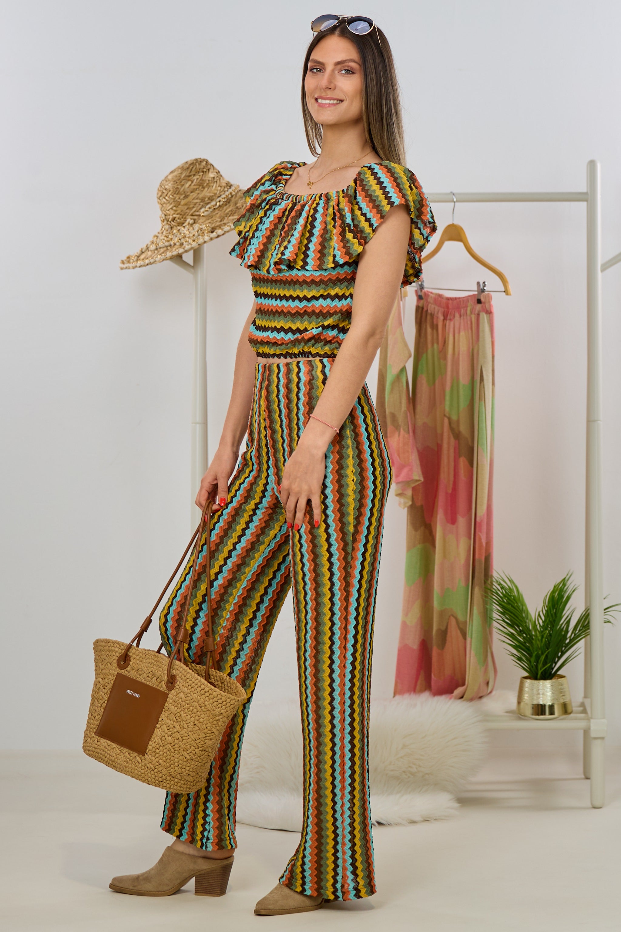 2-tlg. Set aus Carmen-Top und weiter Hose, bunt