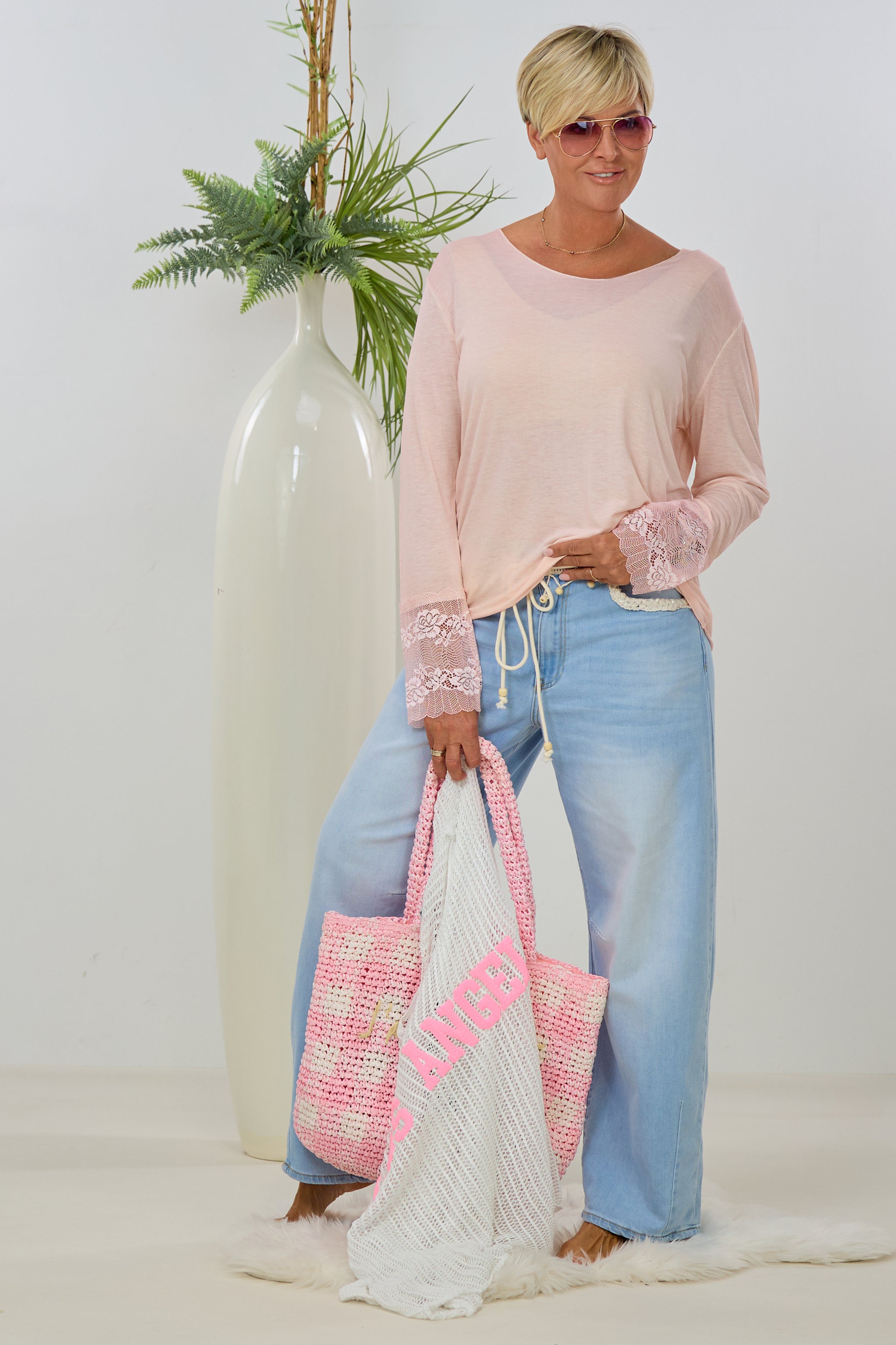 Longsleeve mit Spitze am Ärmel, groß, rosé