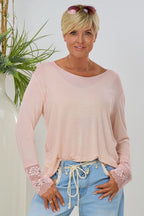 Longsleeve mit Spitze am Ärmel, groß, rosé