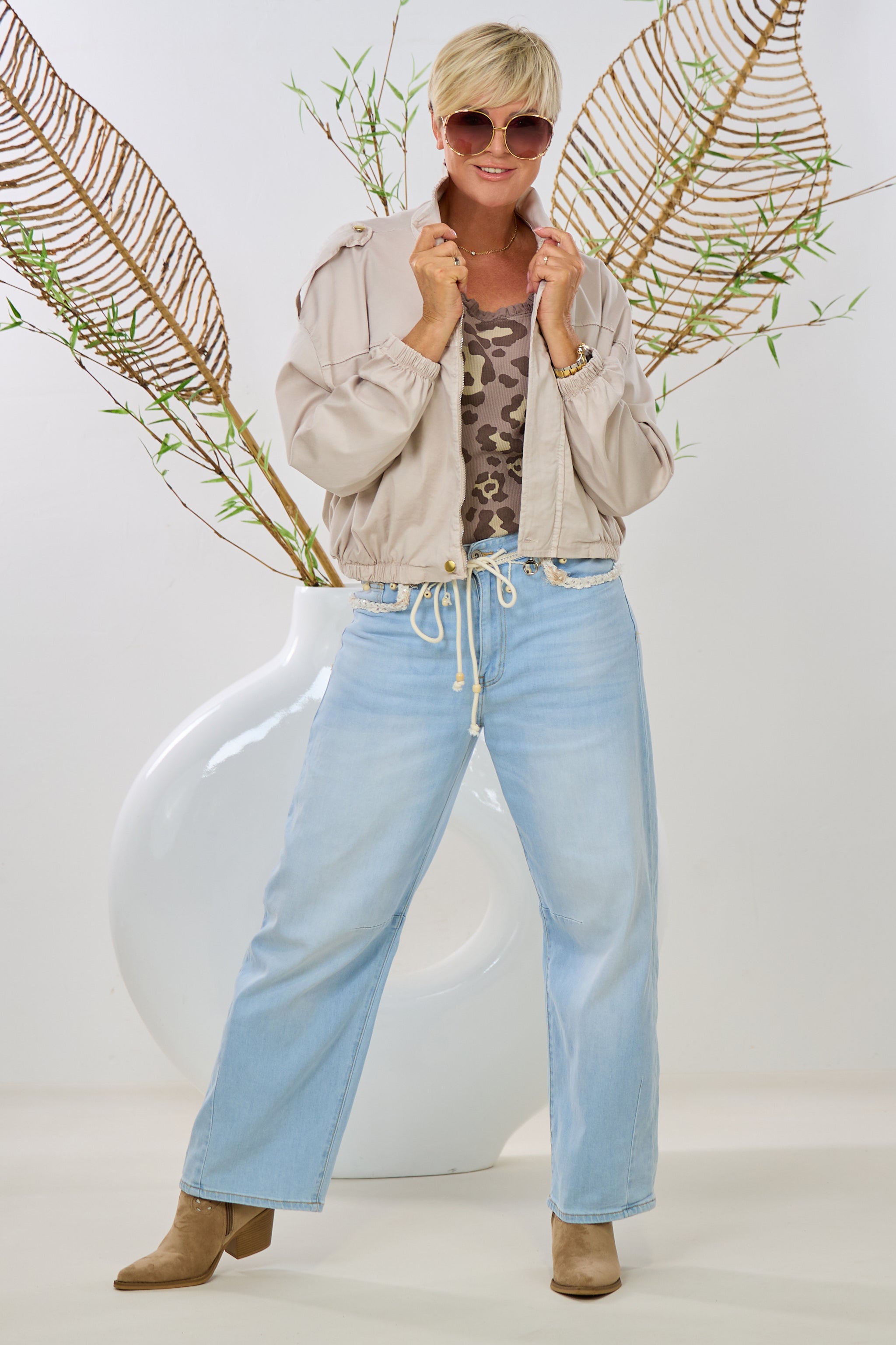 Ribbed tank top in leopard print, taupe