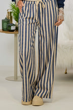 Weite Halbleinenhose mit Streifen, beige-blau
