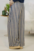 Weite Halbleinenhose mit Streifen, beige-blau