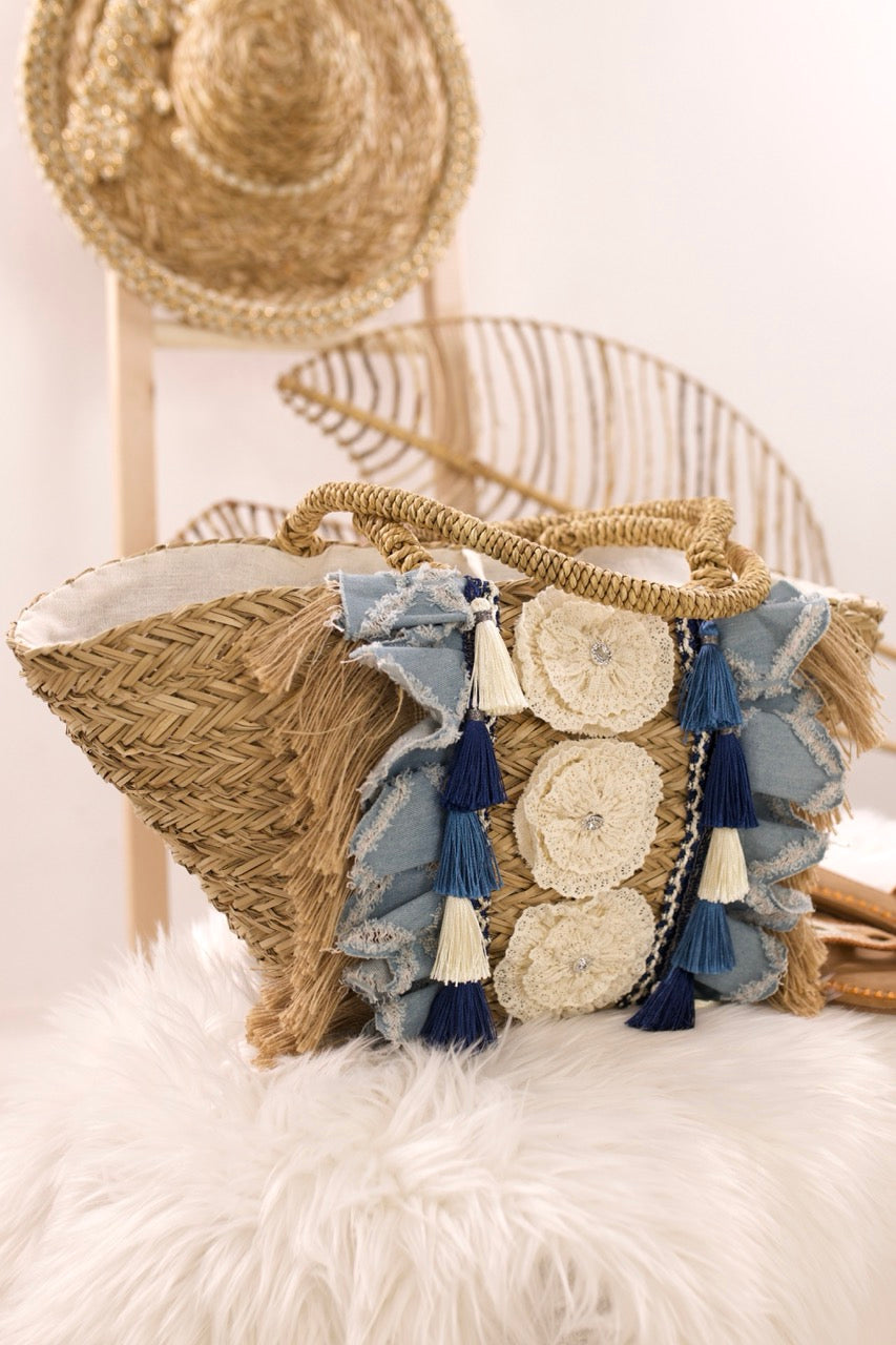 Stylische Jeans-Bast-Tasche, natur-jeansblau