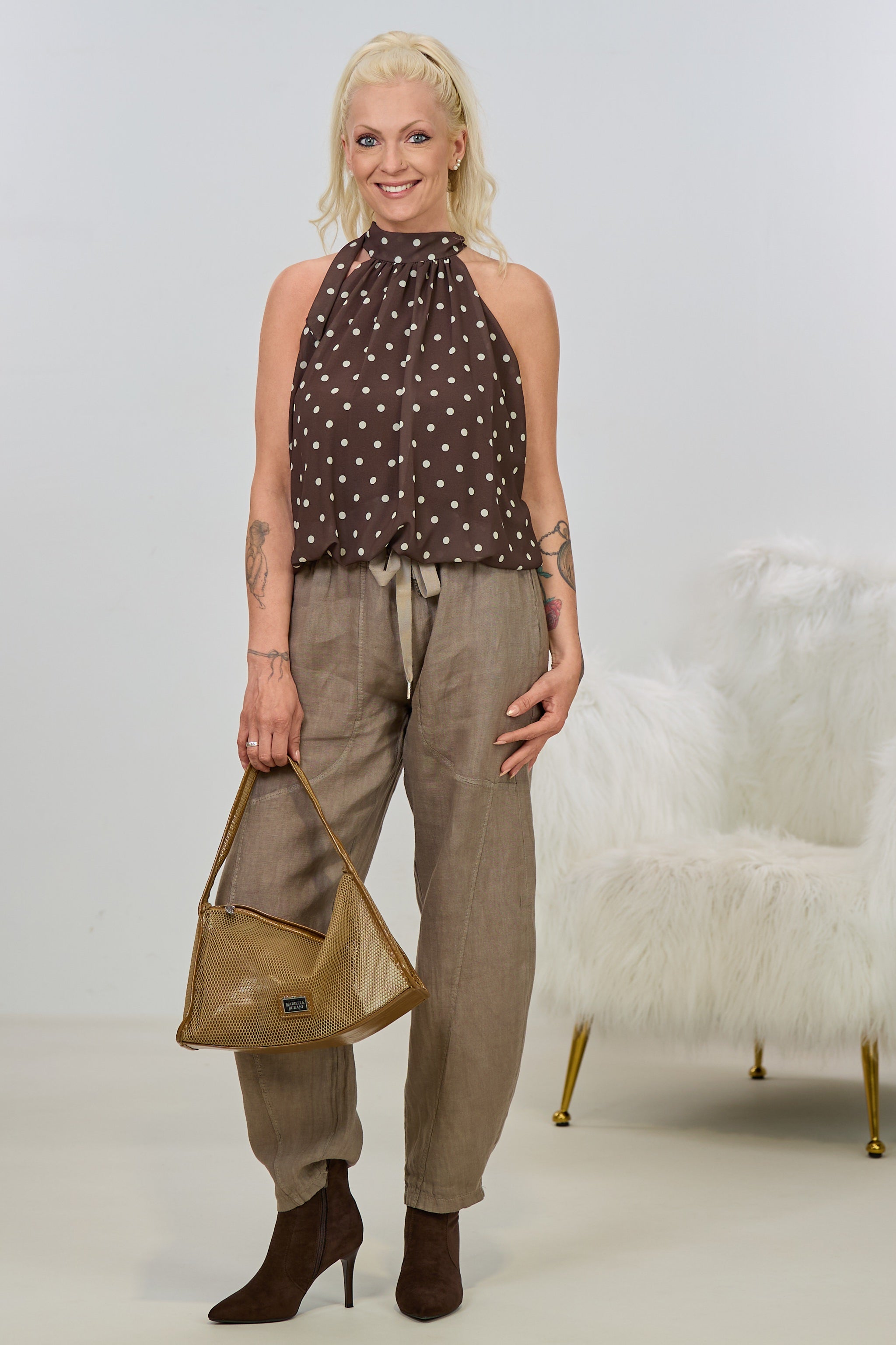 Gepunktetes Neckholder Blusen-Top, braun-beige