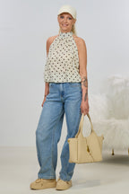 Gepunktetes Neckholder Blusen-Top, beige-braun