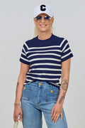 Fein gestrickter kurzarm Pulli, dunkelblau-weiß-geringelt