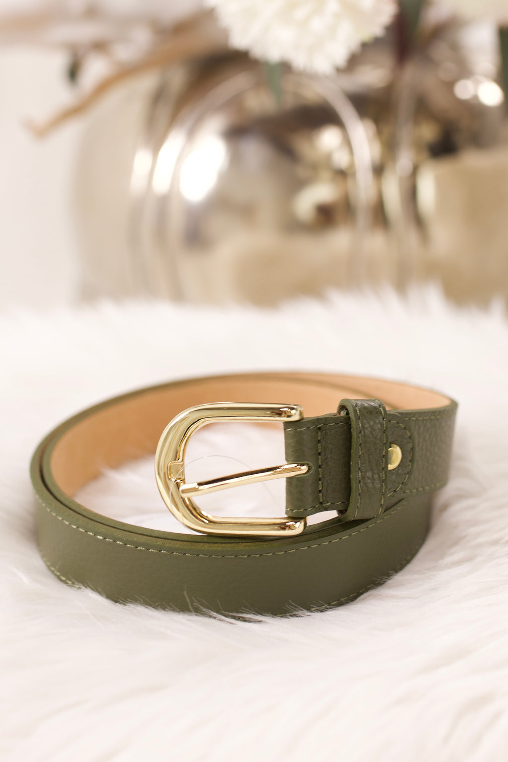 Echtledergürtel mit goldener Schnalle, khaki