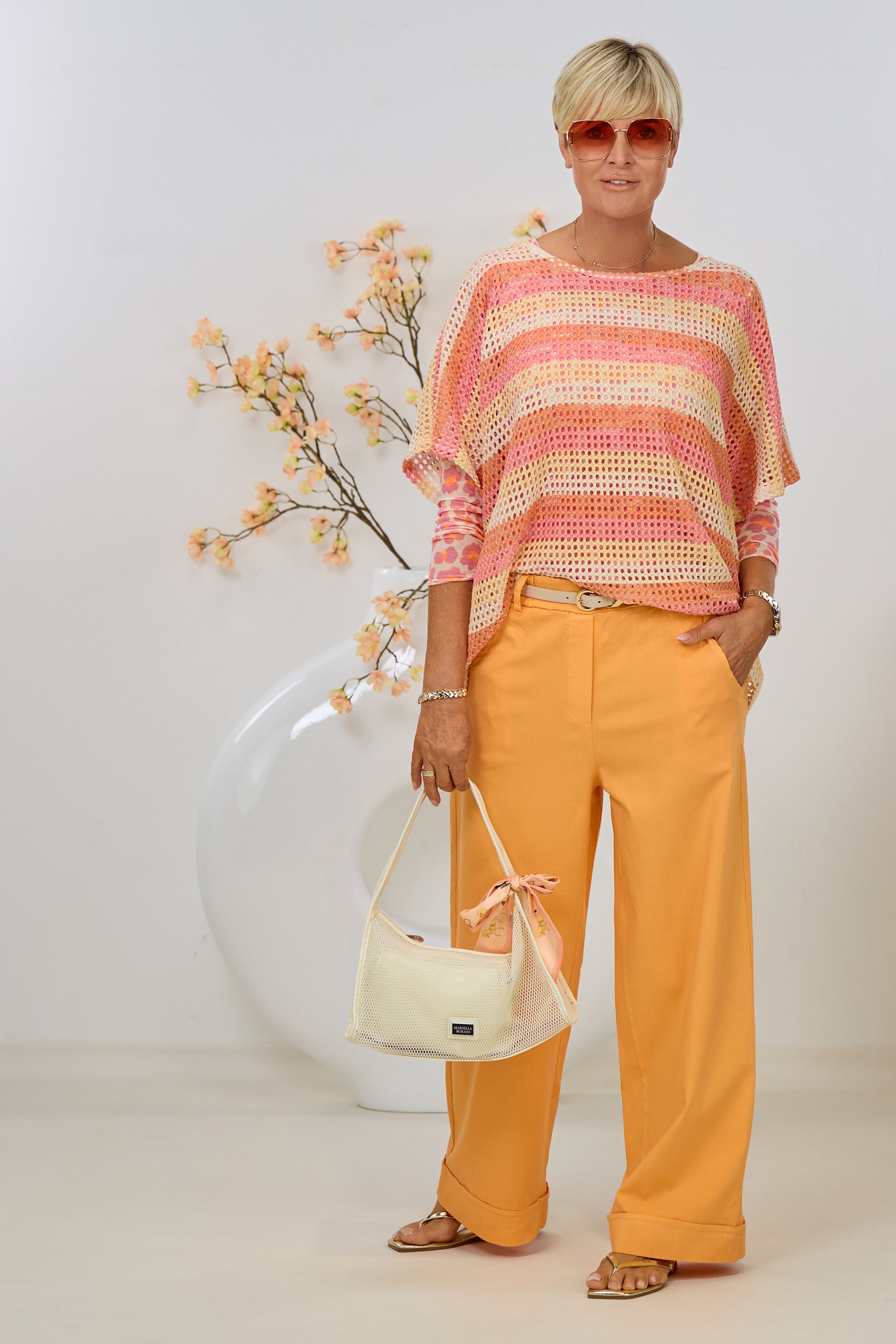 Lochstrick Pulli quergestreift, rosa-orange