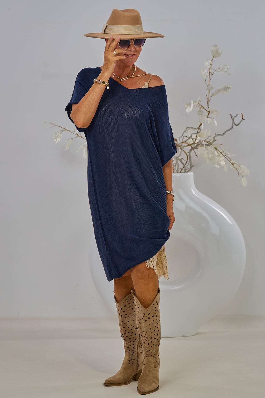 halblanges Strickkleid quergestrickt, marine blau