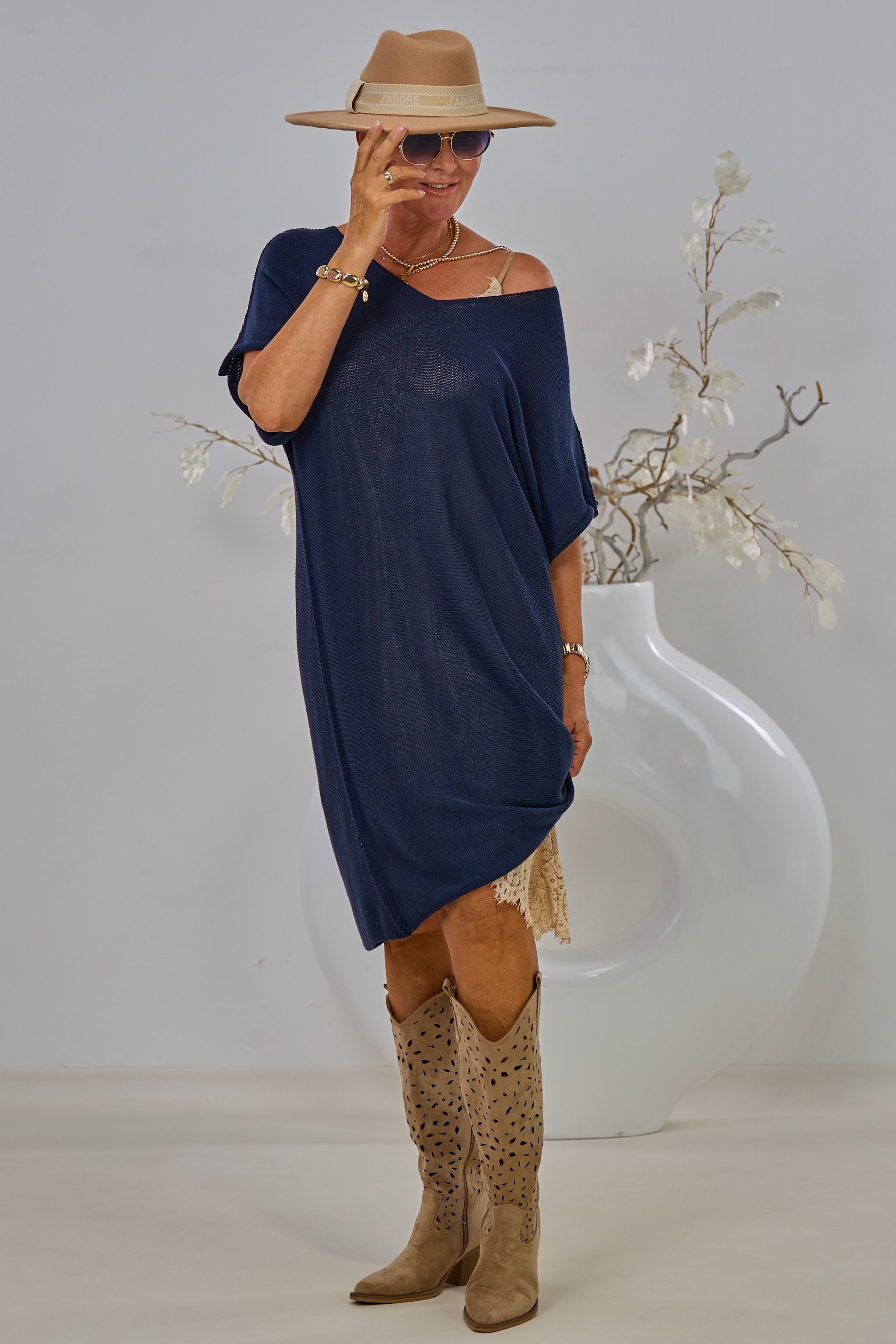 halblanges Strickkleid quergestrickt, marine blau