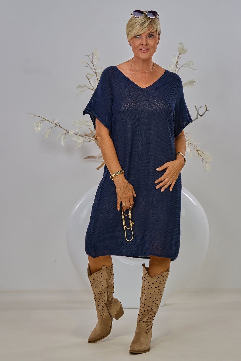 halblanges Strickkleid quergestrickt, marine blau