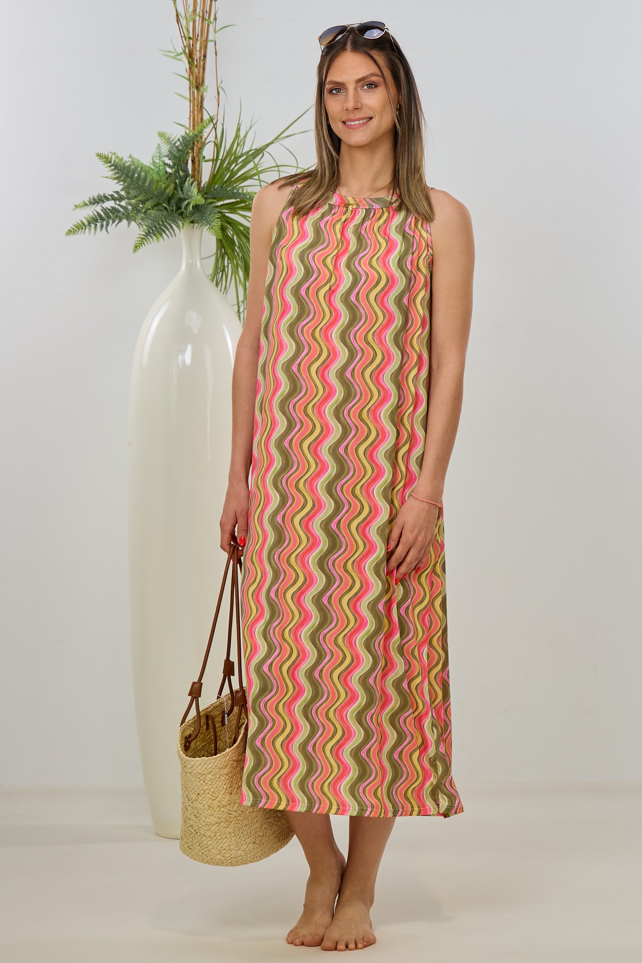 langes Neckholder Kleid mit Retro-Muster, khaki-pink-gelb