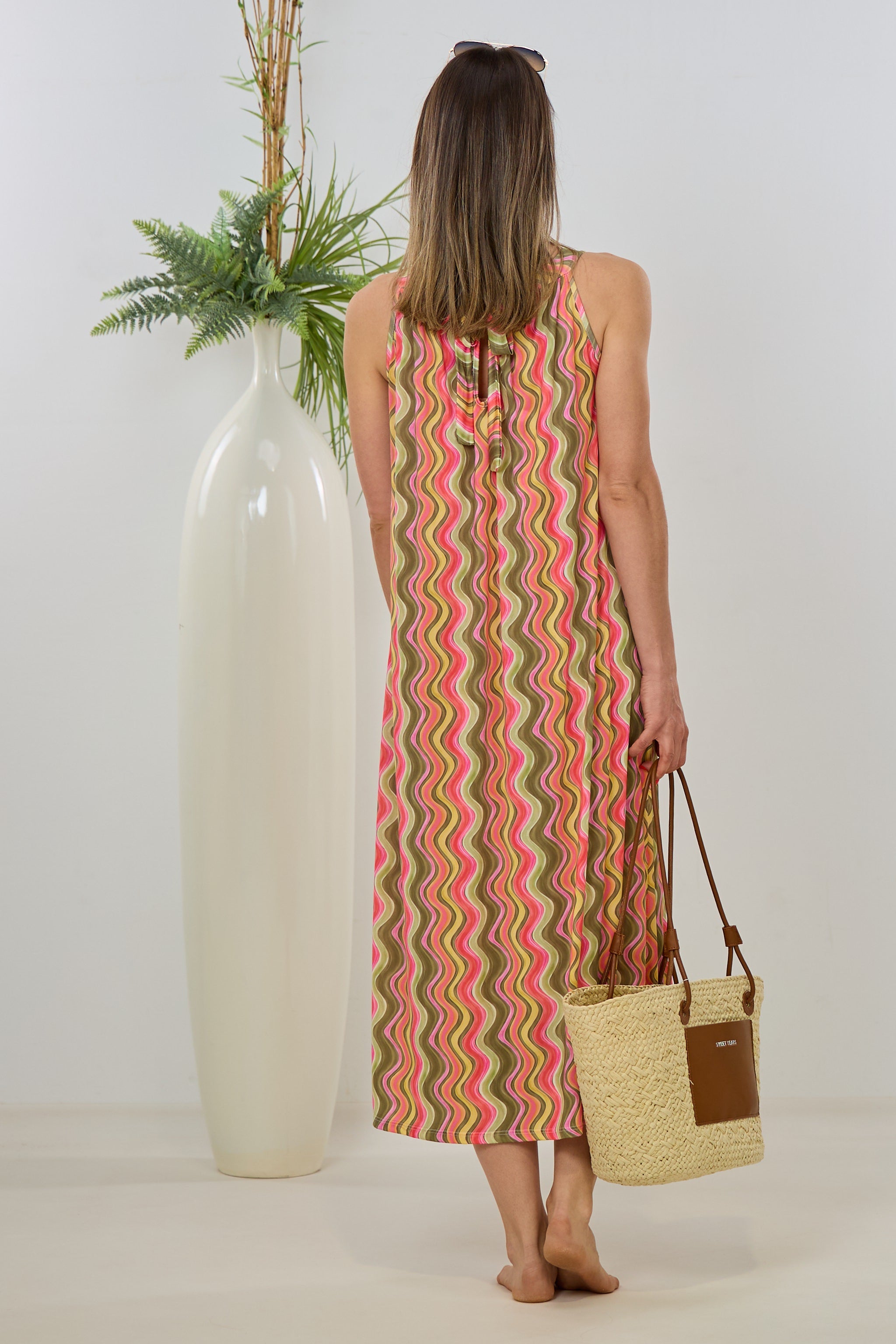 langes Neckholder Kleid mit Retro-Muster, khaki-pink-gelb