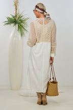 Langes Kleid im Boho-Style mit Häkeleinsätzen, ecru-beige