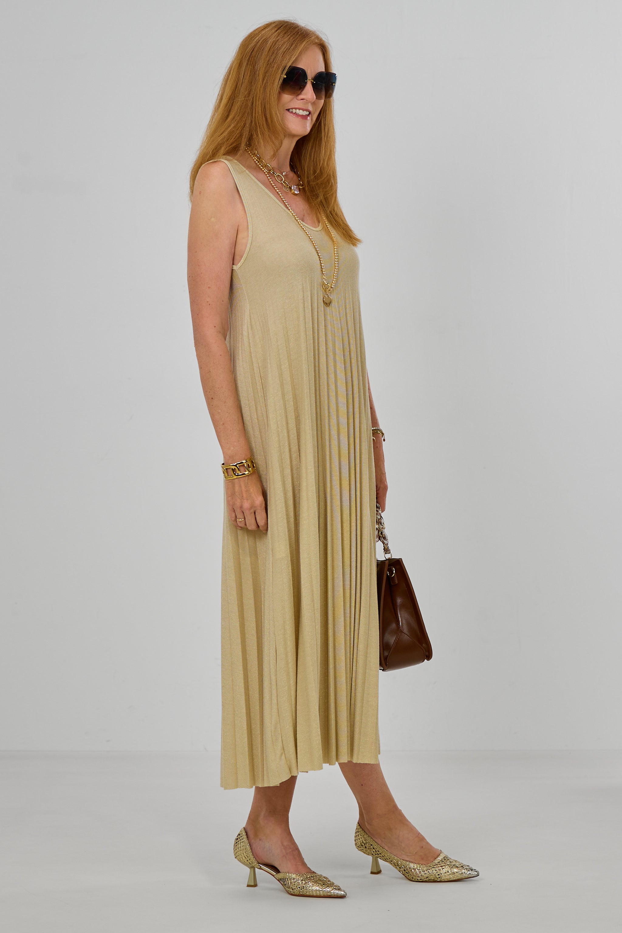 Langes Plissée-Kleid in A-Linie, gold