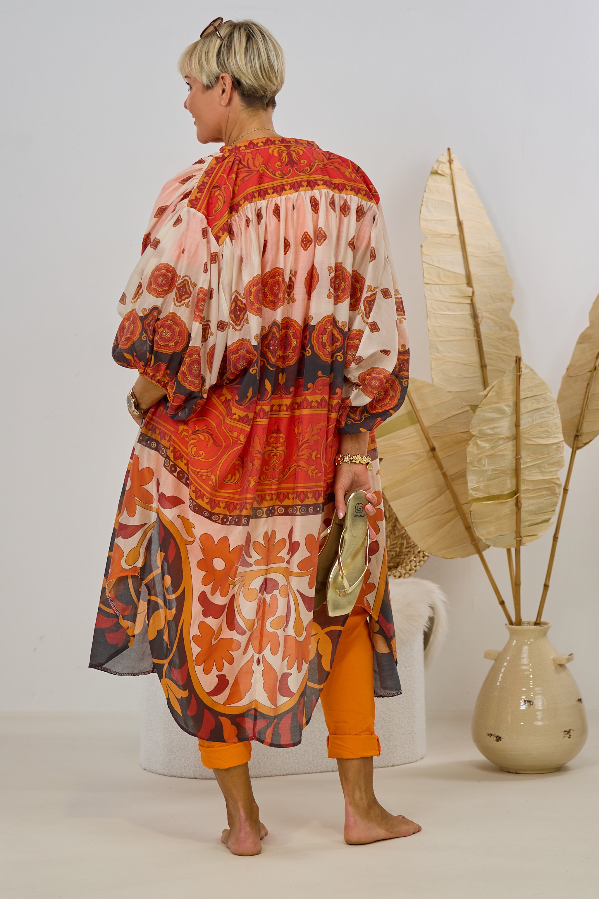 buntes Kaftan-Kleid, rot-orange-creme