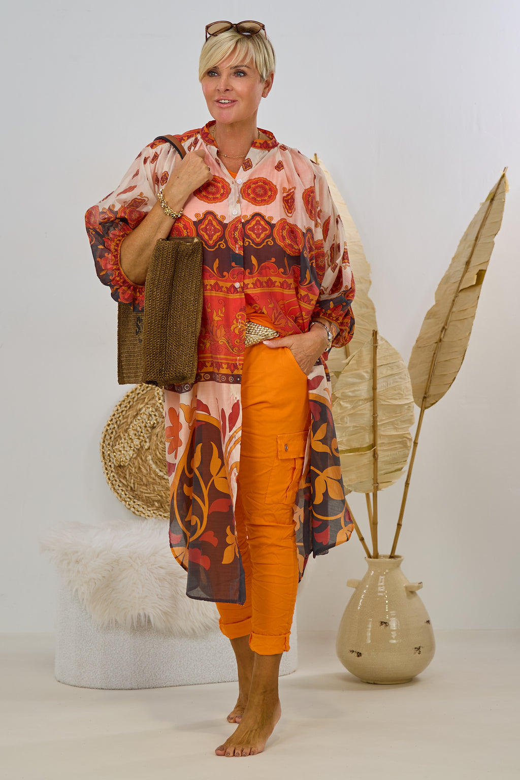 buntes Kaftan-Kleid, rot-orange-creme