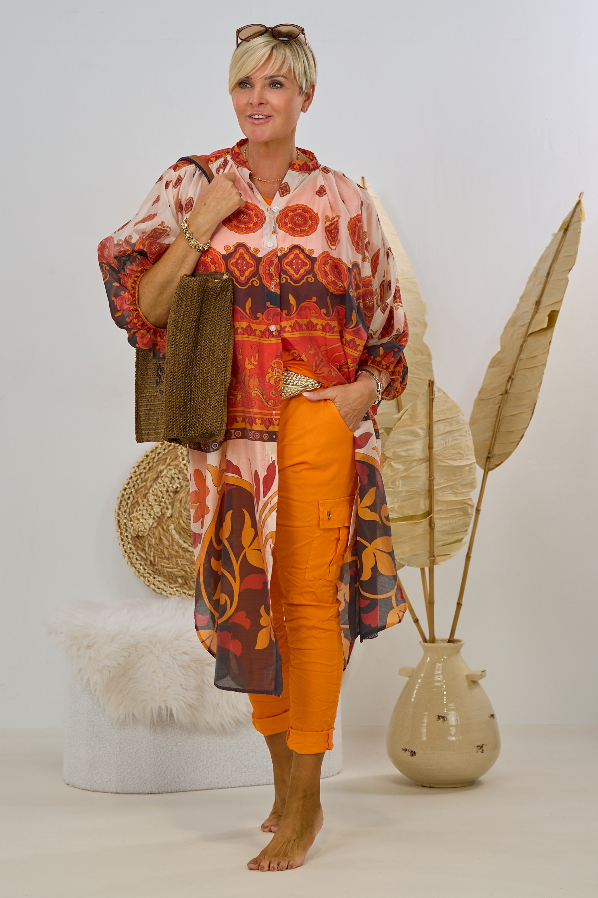buntes Kaftan-Kleid, rot-orange-creme