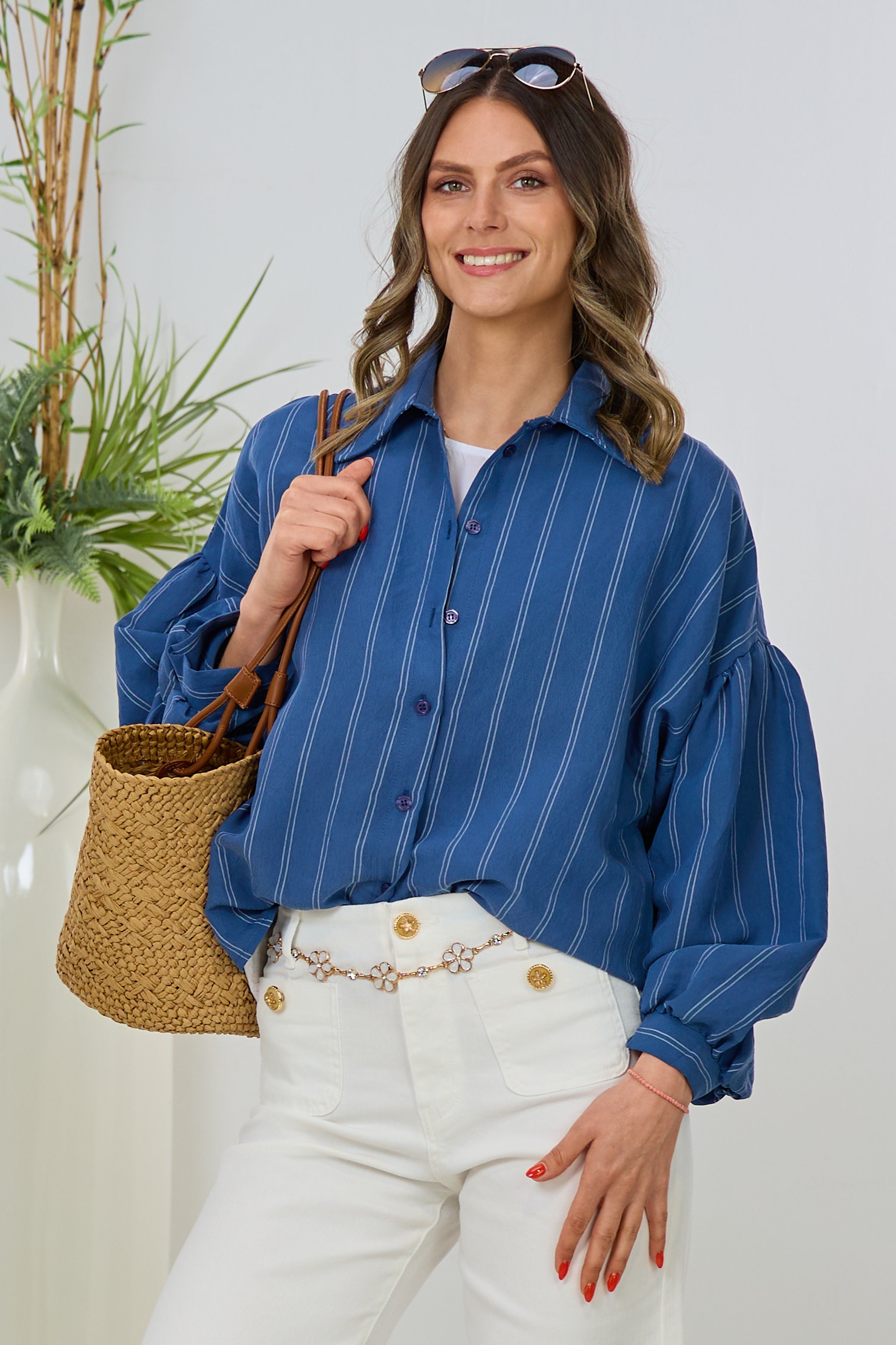 gestreifte Bluse mit weiten Ärmeln, blau-weiß