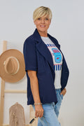 Langer Kurzarm-Blazer mit breitem Revers, marineblau