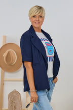 Langer Kurzarm-Blazer mit breitem Revers, marineblau