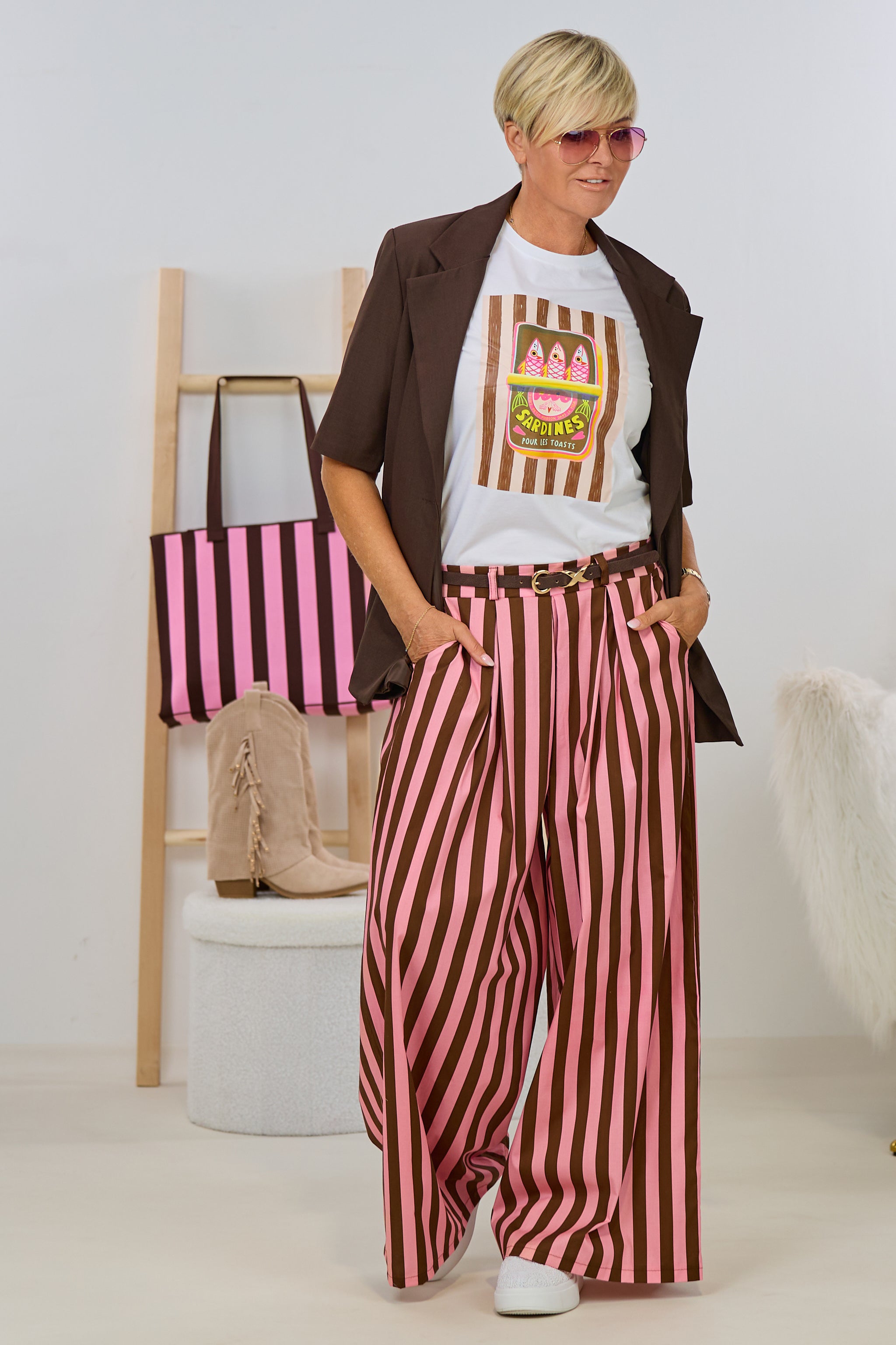 gestreifte Marlene Hose mit elastischem Bund, braun-rosa