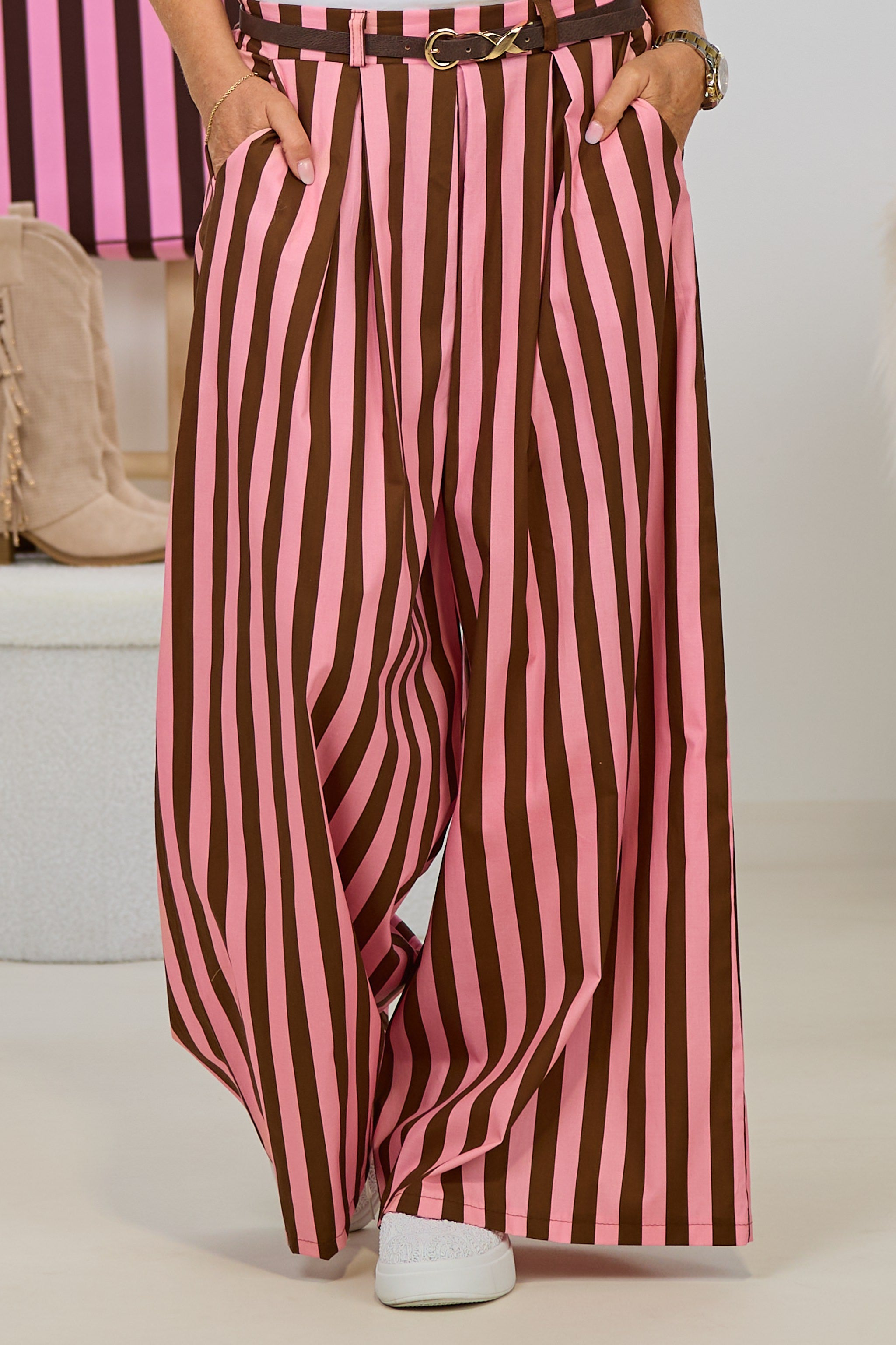 gestreifte Marlene Hose mit elastischem Bund, braun-rosa