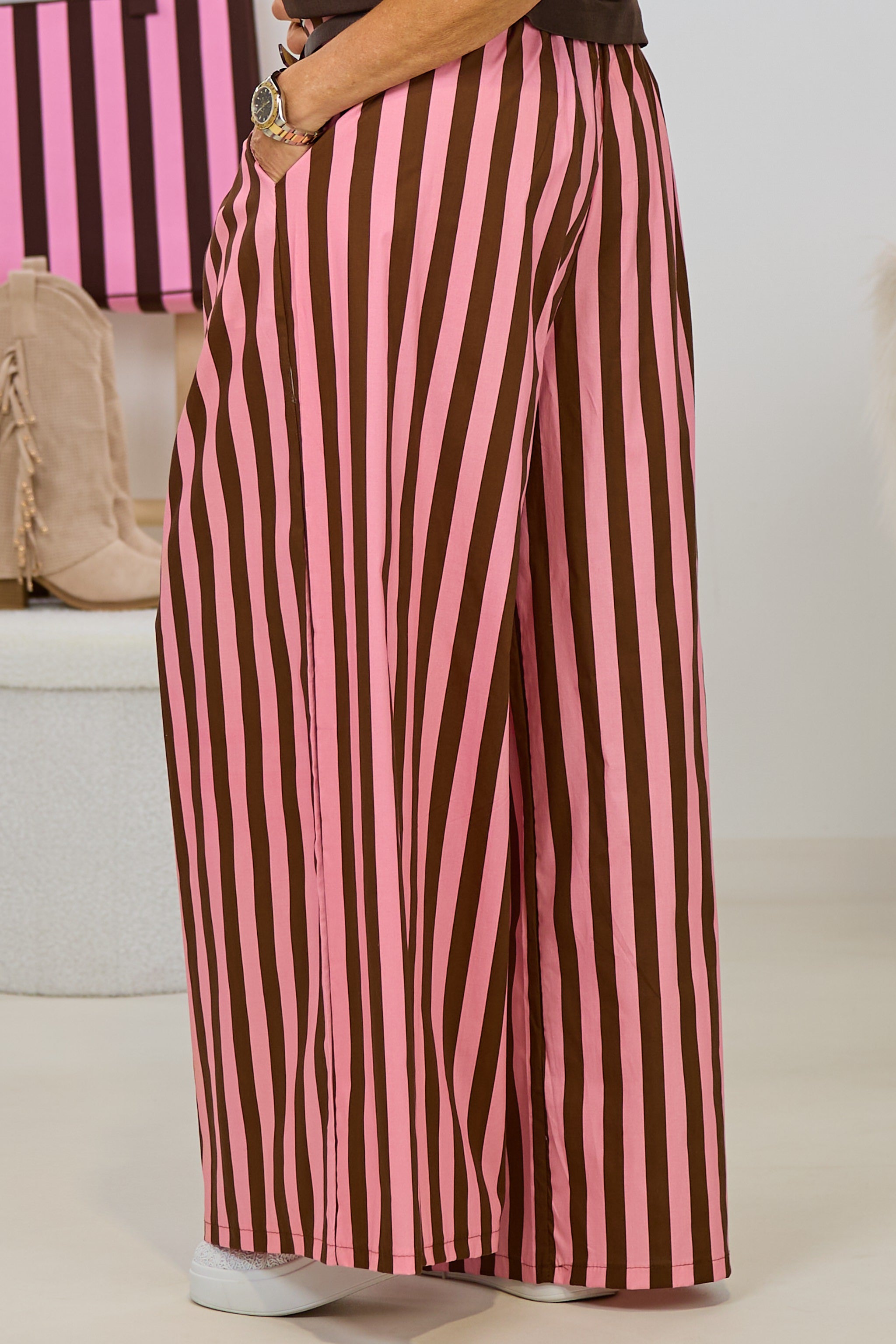 gestreifte Marlene Hose mit elastischem Bund, braun-rosa