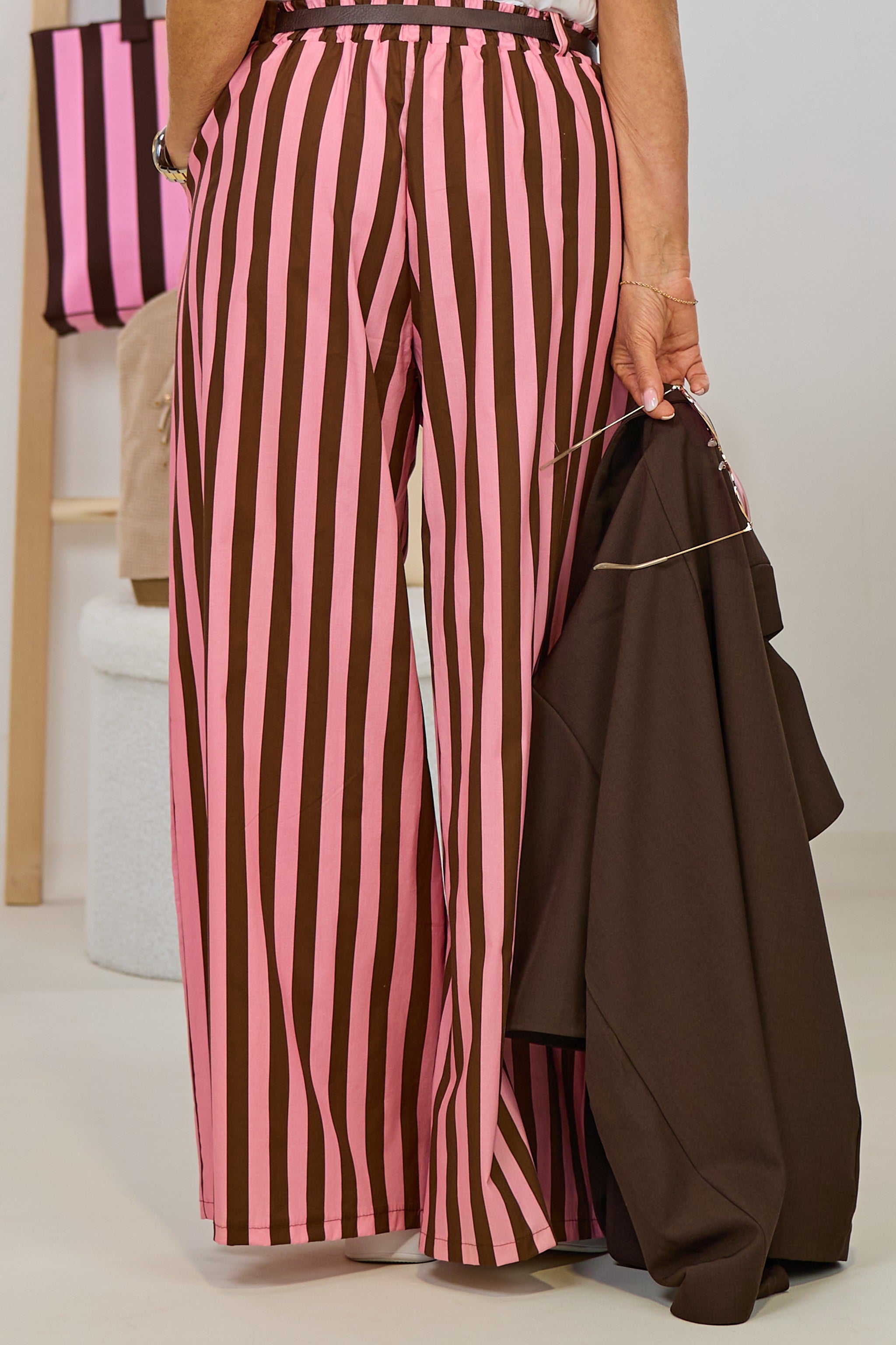 gestreifte Marlene Hose mit elastischem Bund, braun-rosa
