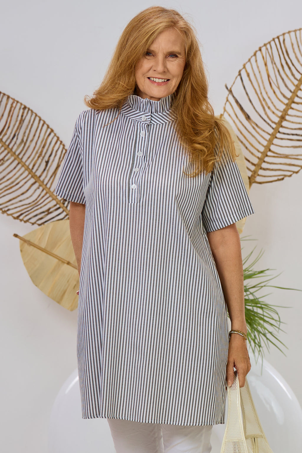 Kleid/Longbluse gestreift, grün-weiß