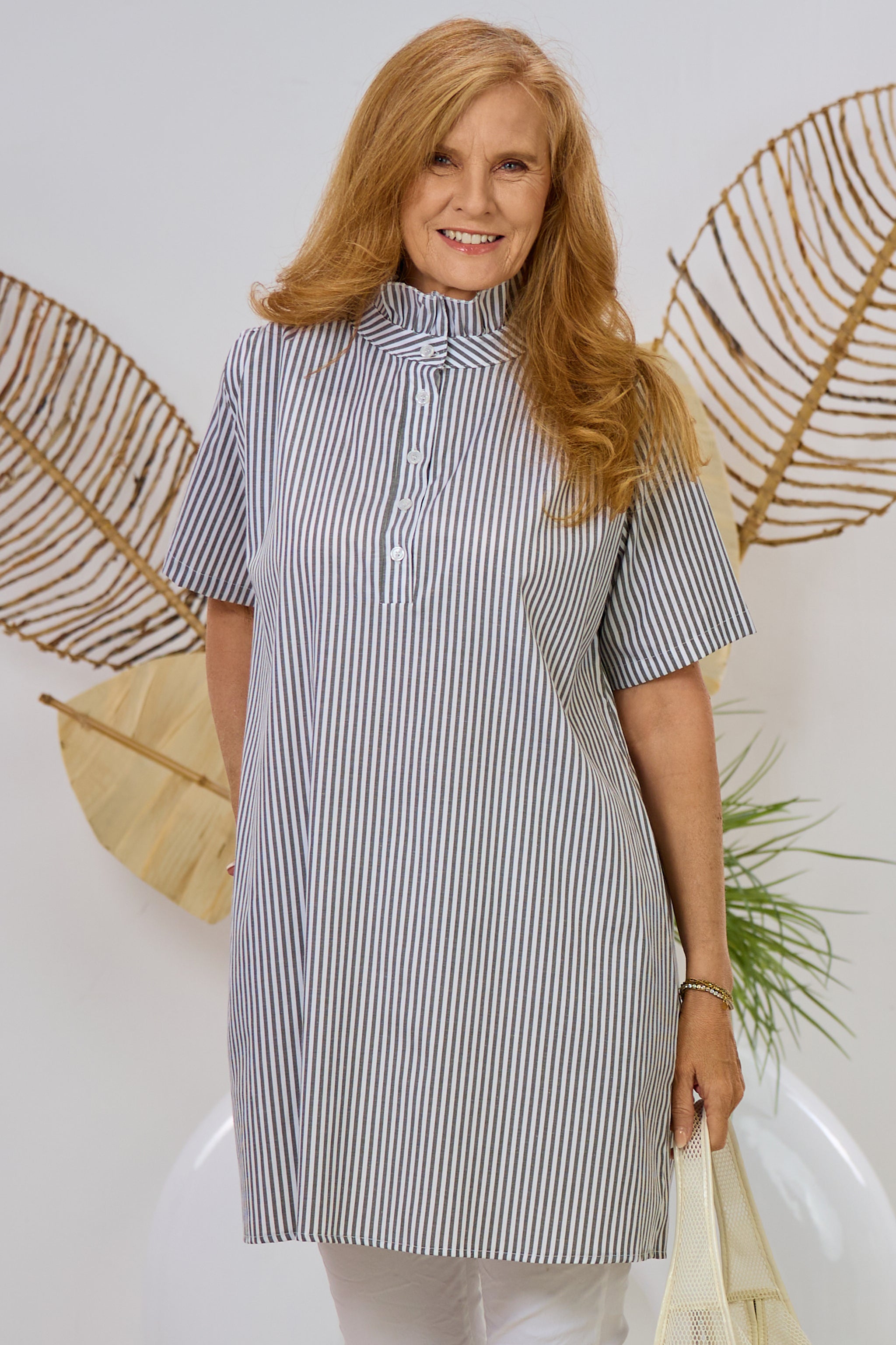 Kleid/Longbluse gestreift, grün-weiß