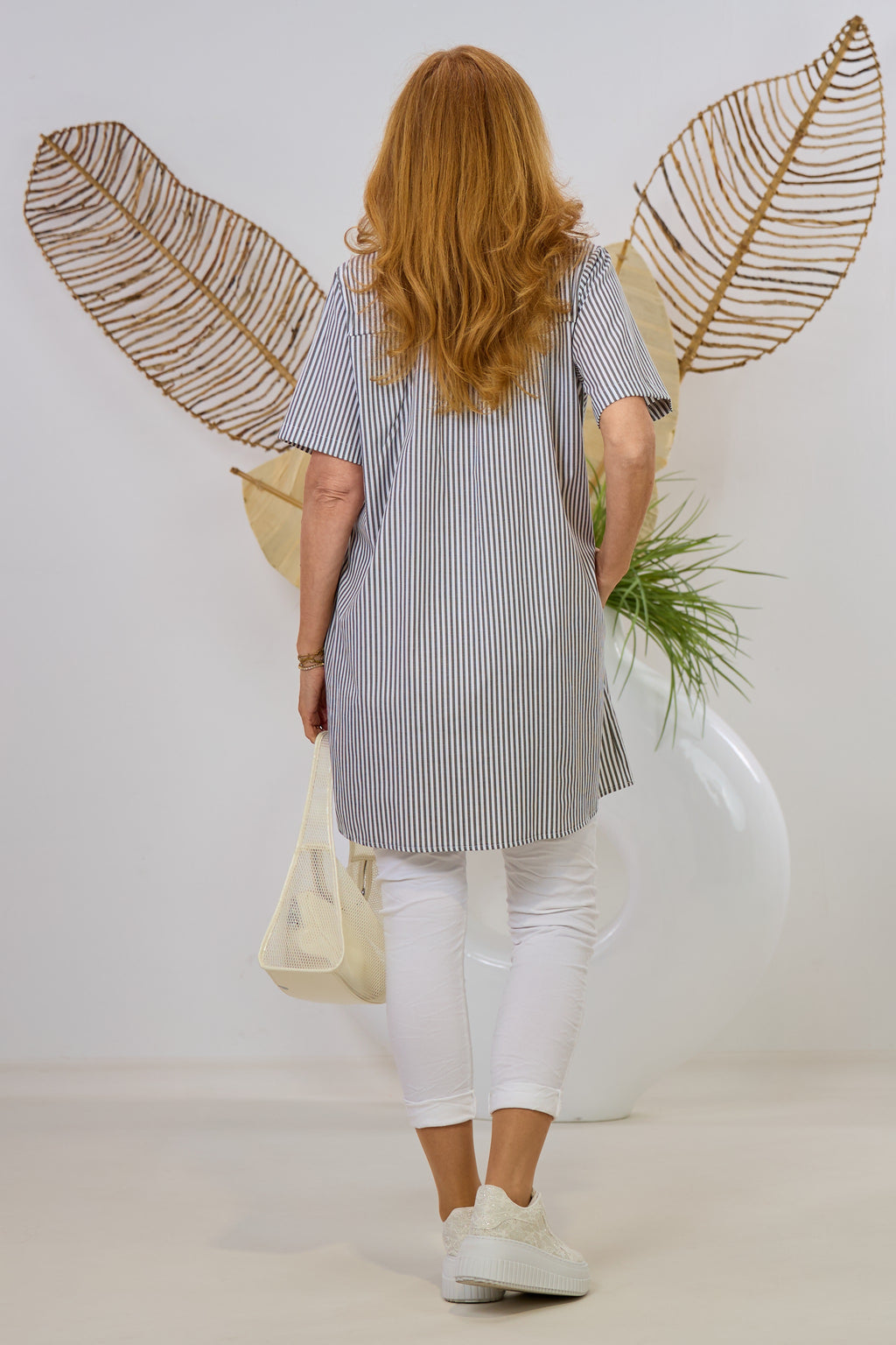 Kleid/Longbluse gestreift, grün-weiß