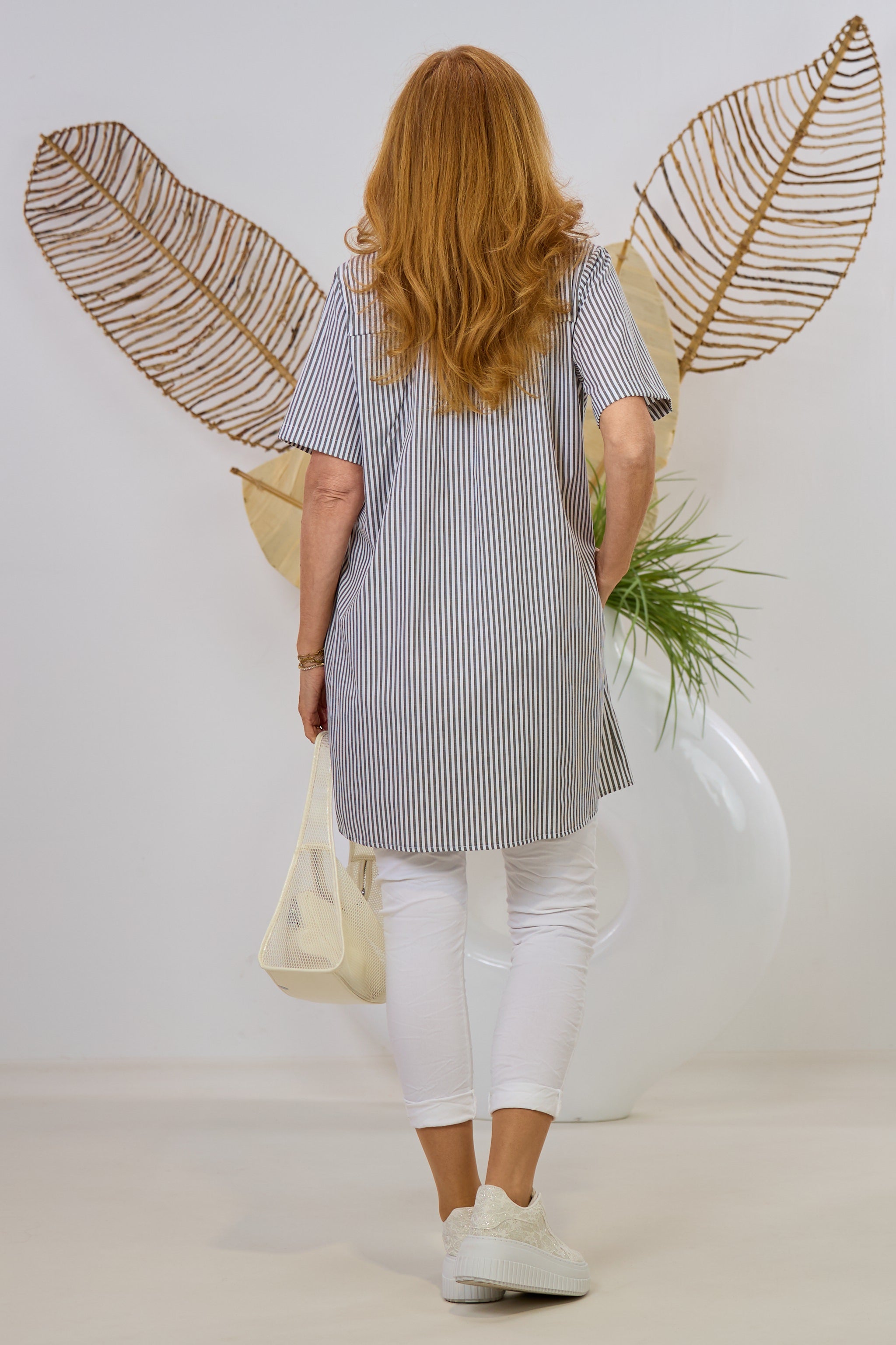 Kleid/Longbluse gestreift, grün-weiß