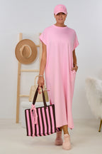 Maxikleid mit geflochtenem Gürtel, rosa
