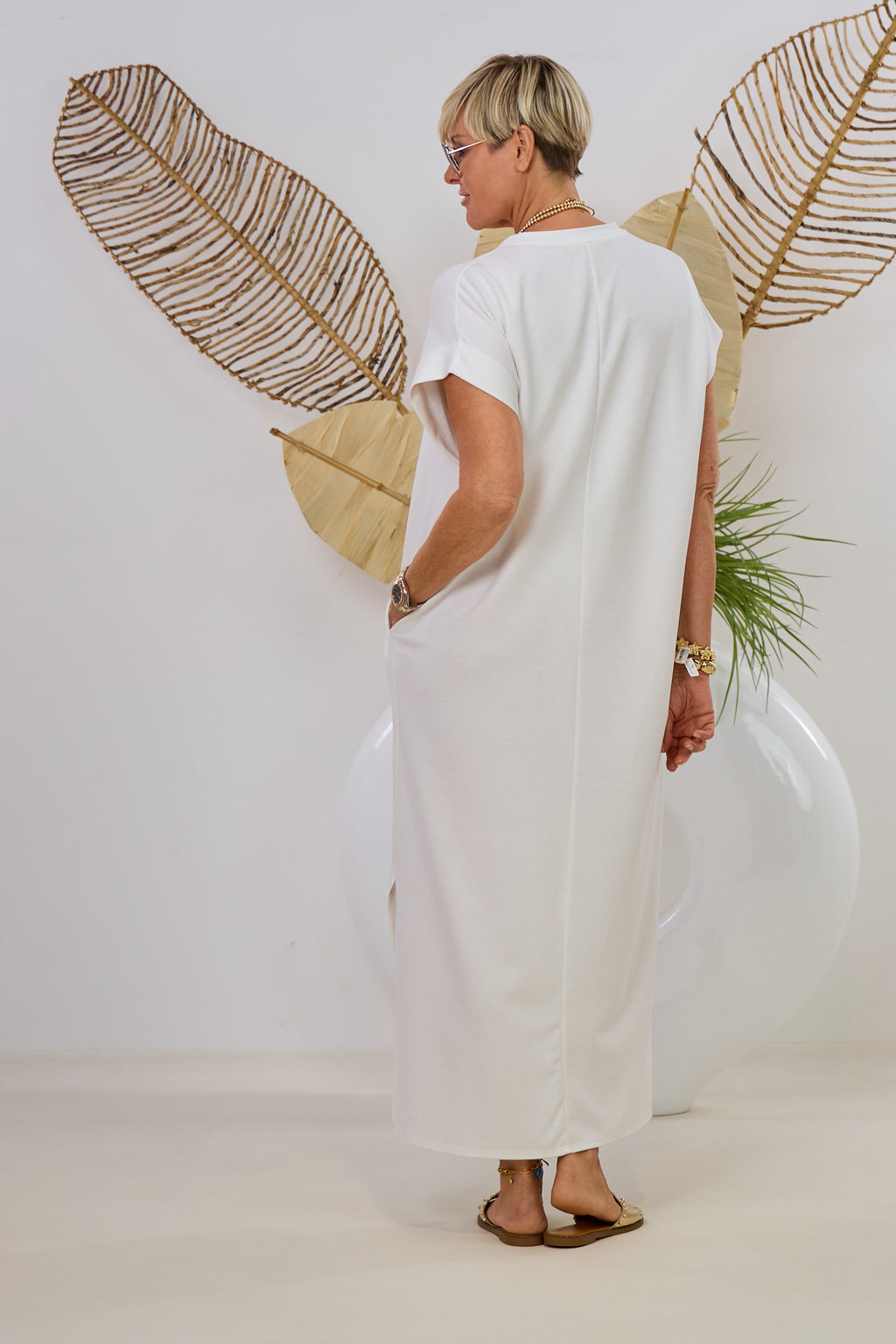 Maxikleid mit geflochtenem Gürtel, ecru