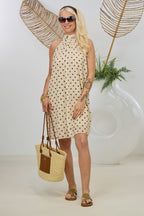 Gepunktetes Neckholder Kleid, beige-braun