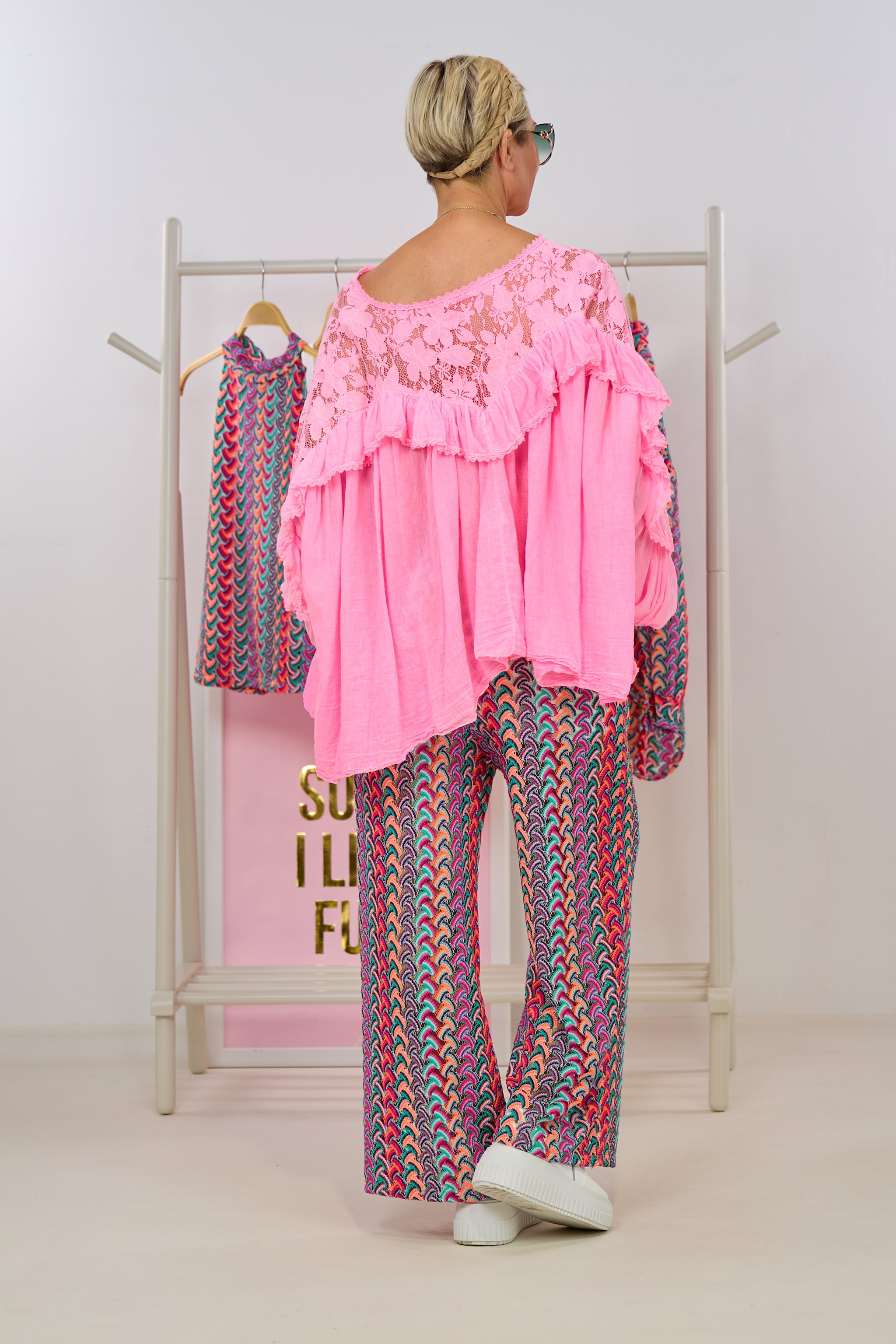 luftige Bluse mit Rüschen und Spitze, candy rosa
